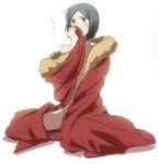  androgynous black_eyes black_hair bob_cut borrowed_garments brown_eyes cape fate/zero fate_(series) male_focus naked_cape nishisaki nude solo waver_velvet 