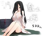  black_eyes black_hair blush breasts double_v dress hair_over_one_eye large_breasts licking long_hair octopus off_shoulder see-through_silhouette sitting sketch solo television tentacles the_ring tongue v well wet wet_clothes wet_hair yamamura_sadako yamane_akira 