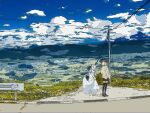  2girls absurdres anjou_naruko ano_hi_mita_hana_no_namae_wo_bokutachi_wa_mada_shiranai. barefoot black_thighhighs blue_ribbon blue_sky brown_eyes brown_hair brown_jacket brown_shoes cloud cloudy_sky commentary_request dress full_body grey_hair grin guard_rail highres holding_own_dress honma_meiko jacket landscape ligne_claire loafers long_dress long_hair looking_at_another looking_to_the_side medium_hair miniskirt mountainous_horizon multiple_girls neck_ribbon outdoors pleated_skirt pout power_lines red_skirt ribbon rural scenery shoes skirt sky sleeveless sleeveless_dress smile standing straight_hair thighhighs turning_head twintails utility_pole valley walts_p. white_dress zettai_ryouiki 