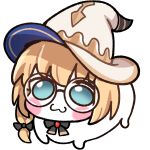  :3 aesc_(fate) aesc_(rain_witch)_(fate) blonde_hair blue_eyes blush creature doro_(nikke) fate/grand_order fate_(series) glasses goddess_of_victory:_nikke hat looking_at_viewer radishkek witch_hat 