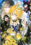  11211t 1boy 1girl :d ;d absurdres aqua_eyes belt_collar beret bespectacled birthday_cake black-framed_eyewear black_collar black_hair black_hat black_jacket blonde_hair blue_ribbon blunt_bangs bouquet cake character_doll chibi chinese_commentary cloud collar collared_shirt cream cream_on_face curtained_hair day doll doll_on_shoulder falling_flower flower food food_on_face glasses hair_between_eyes hand_to_own_mouth hat heroine_(lovebrush_chronicles) highres holding holding_bouquet jacket lapels lars_rorschach lion long_hair long_sleeves looking_at_another looking_to_the_side lovebrush_chronicles mini_party_hat neck_ribbon notched_lapels one_eye_closed parted_lips pen plant purple_eyes purple_flower rainbow red_hat ribbon shirt short_hair smile sunflower upper_body v vines w watermark weibo_watermark white_shirt wolf_cut yellow_flower 