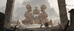  1boy absurdres animal blue_skin bone boulder brazier camel chinese_commentary cloud cloudy_sky colored_skin day fire flag from_behind grey_sky highres landscape mountain original outdoors painterly pillar rock scenery sculpture shrine sky stairs sunlight tribal walking wind zhongjusun 