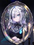  1girl absurdres ahoge birthday black_hair blue_eyes blue_hair blue_nails candle candlestand clothing_cutout collar commentary_request cross double_bun dress fingernails first_stage_production frilled_collar frills fuzichoco hair_bun hair_over_one_eye highres long_hair looking_at_mirror looking_at_self mirror multicolored_hair nail_polish open_mouth purple_dress purple_ribbon ribbon shoulder_cutout solo streaked_hair white_hair yuyu_yura 