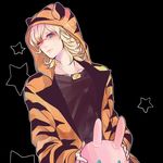  bad_id bad_pixiv_id barnaby_brooks_jr blonde_hair glasses green_eyes hood hoodie male_focus poco24 solo stuffed_animal stuffed_bunny stuffed_toy tiger_&amp;_bunny tiger_stripes 