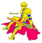  armor bad_id bad_pixiv_id blonde_hair character_name ea_(fate/stay_night) earrings fate/zero fate_(series) flat_color gilgamesh hair_down jewelry male_focus red_eyes sitting solo uka_(color_noise) weapon yellow 