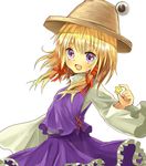  :&gt; arm_up blonde_hair fang frills hair_ribbon hat high_collar long_sleeves looking_at_viewer moriya_suwako okemai open_mouth purple_eyes ribbon short_hair sidelocks simple_background skirt solo star touhou tress_ribbon upper_body vest white_background wide_sleeves 