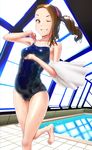  adjusting_clothes adjusting_strap alternate_hairstyle barefoot bibiri brown_eyes brown_hair cameltoe competition_school_swimsuit grin hairband idolmaster idolmaster_(classic) indoors long_hair minase_iori one-piece_swimsuit one_eye_closed pool poolside rei_no_pool school_swimsuit side_ponytail smile solo swimsuit tile_floor tiles towel wet window 