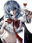  1girl arm_behind_head arm_up bandaged_arm bandages bat_wings blue_hair bow bowtie buttons chain checkered_bow checkered_bowtie checkered_clothes collared_shirt commentary_request cropped_shirt cuts fangs hair_between_eyes hand_up heart highres injury looking_at_viewer loose_bandages medium_hair midriff navel one_eye_closed open_mouth red_bow red_bowtie red_eyes remilia_scarlet shirt short_sleeves simple_background solo teeth touhou upper_body upper_teeth_only white_background white_shirt wings z_(xhs_8778151216) 