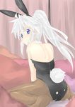  alternate_costume animal_ears ass back bare_shoulders blue_eyes brown_legwear bunny_ears bunny_girl bunny_tail bunnysuit choker curtains highres long_hair looking_back mononobe_no_futo pantyhose pillow ponytail silver_hair smile solo tail tomuman touhou wrist_cuffs 