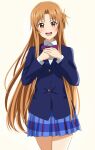  1girl asuna_(sao) blush bow commentary_request dars_(recolors) highres jacket long_hair looking_at_viewer love_live! love_live!_school_idol_project open_mouth orange_eyes orange_hair otonokizaka_school_uniform school_uniform simple_background skirt standing sword_art_online white_background 