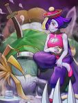  1boy 1girl :t absurdres after_fisting anger_vein anpan artist_name ass blonde_hair blue_skin blush_stickers breasts cape chinese_clothes claw_(weapon) claws cleavage cleavage_cutout closed_mouth clothing_cutout colored_skin commentary darkstalkers defeat eating english_commentary flats flipped_hair food frankenstein green_jacket hat highres holding holding_food hsien-ko injury jacket jiangshi knife large_breasts looking_down multiple_boys ofuda pants purple_hair purple_pants purple_skin qingdai_guanmao quasimodox red_eyes shirt short_hair sitting sleeveless spikes stab standing standing_on_one_leg steamed_bun sweat sweatdrop sword tearing_up victor_von_gerdenheim weapon weapon_on_back 