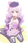  aquarion_(series) aquarion_evol black_legwear blush bow cravat crea_dorosera doughnut dress eating flat_chest food hat highres purple_eyes purple_hair sitting solo thighhighs ueyama_michirou wariza wavy_hair zettai_ryouiki 