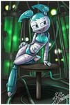  1girl aqua_eyes aqua_hair arm_support hand_on_hip jennifer_wakeman my_life_as_a_teenage_robot nickelodeon open_mouth panties revision robot robot_joints shiny short_twintails smile solo table twintails underwear 