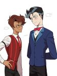  ! !! ... 2boys absurdres alastor_(hazbin_hotel) alastor_(human)_(hazbin_hotel) arm_at_side arms_behind_back black-framed_eyewear black_hair black_pants black_vest blue_eyes blue_jacket blush bow bowtie brown_eyes brown_hair buttons closed_mouth collared_shirt commentary_request contrapposto cowboy_shot fingernails frown glasses green_eyes grey_hair grey_streaks hair_behind_ear hand_on_own_hip hazbin_hotel hellaverse heterochromia highres jacket lapels long_sleeves male_focus menma_(enaic31) multicolored_hair multiple_boys necktie notched_lapels pants red_bow red_bowtie red_necktie red_vest round_eyewear shirt short_hair signature simple_background smile spoken_ellipsis spoken_exclamation_mark standing streaked_hair striped_clothes striped_vest sweatdrop tie_clip traditional_bowtie two-tone_hair v-shaped_eyebrows vertical-striped_clothes vertical-striped_vest very_short_hair vest vox_(hazbin_hotel) vox_(human)_(hazbin_hotel) white_background white_shirt 