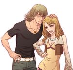  1girl belt blonde_hair blush brown_eyes closed_eyes detached_sleeves dress hand_on_another's_head jewelry karina_lyle long_hair necklace shirt studded_belt t-shirt tiger_&amp;_bunny vest 