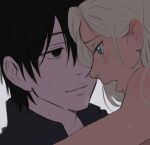  1boy 1girl bare_arms bare_shoulders black_eyes black_hair blonde_hair blue_eyes blush couple cowgirl_position earrings hair_over_one_eye highres implied_sex jacket jewelry lips lipstick looking_at_another makeup moaning naruto:_the_last naruto_(series) naruto_shippuuden open_mouth pale_skin pink_lips riding sai_(naruto) sitting sitting_on_lap sitting_on_person straddling sweat sweatdrop xmonday_mintx yamanaka_ino 