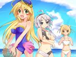  2girls 3girls bikini cloud dark_magician_girl duel_monster fang ikiyouyou mira_the_eternal_magician multiple_girls psy_girl sky swimsuit yu-gi-oh! yuu-gi-ou_duel_monsters 