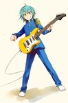  aqua_hair bad_id bad_pixiv_id electric_guitar gakuran grin guitar holding inazuma_eleven_(series) inazuma_eleven_go instrument kariya_masaki kyou_(nodobotokemax) plectrum raimon raimon_school_uniform school_uniform smile solo yellow_eyes 