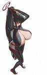  1girl absurdres arms_up asurada_yui black_bodysuit black_hair black_halo blue_archive blunt_bangs bodysuit breasts bright_pupils cleavage from_above full_body hair_ornament hairclip halo high_ponytail highres huge_breasts long_hair multicolored_halo official_alternate_costume official_alternate_hairstyle open_bodysuit open_clothes ponytail red_eyes ringed_eyes rio_(armed)_(blue_archive) rio_(blue_archive) simple_background skin_tight solo sweat thighs two-tone_halo very_long_hair white_background white_pupils 