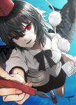  1girl absurdres black_bow black_bowtie black_feathers black_hair black_skirt black_wings bow bowtie collarbone commentary feathered_wings feathers geta hair_between_eyes hat highres holding holding_pen long_hair medium_hair notebook open_mouth pen pointy_ears pom_pom_(clothes) puffy_short_sleeves puffy_sleeves red_eyes red_hat shameimaru_aya shirt short_sleeves skirt solo teeth tengu tengu-geta tokin_hat touhou white_shirt wings yawl 