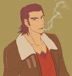  antonio_lopez brown_hair chest_hair cigarette dark_skin dark_skinned_male green_eyes male_focus simple_background smoking solo tiger_&amp;_bunny v-neck 