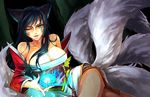  ahri animal_ears black_hair breasts brown_eyes cleavage energy_ball facial_mark fox_ears fox_tail highres korean_clothes large_breasts league_of_legends long_hair multiple_tails one_eye_closed solo strawkiwi tail whisker_markings 