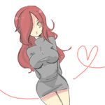  :&lt; arms_behind_back bare_legs breasts cross dutch_angle hair_over_one_eye heart heart_of_string large_breasts long_hair lowres parasoul_(skullgirls) red_hair ritsu_neko skirt skullgirls solo sweater yellow_eyes 