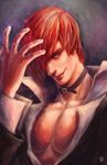  collar evil_grin evil_smile fire fundoshi_(tofupoid) grin hair_over_one_eye male_focus purple_fire realistic red_eyes red_hair smile solo the_king_of_fighters yagami_iori 