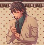  alternate_costume bespectacled blush brown_eyes brown_hair facial_hair glasses jewelry kaburagi_t_kotetsu lunarclinic male_focus necktie ring solo stubble sweatdrop sweater tiger_&amp;_bunny wavy_mouth wedding_band 