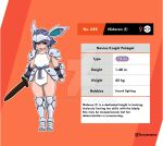 1girl animal_ears armor artist_name bracer character_name character_profile collarbone deviantart_logo deviantart_username fang fang_out faulds greaves headgear highres holding holding_sword holding_weapon looking_at_viewer nidoran nidoran_(female) pauldrons pelvic_curtain personification pokedex_number pokemon purple_hair purple_sash red_eyes sabaton sash shoulder_armor sleeveless sleeveless_tunic solo sword taruyamame venus_symbol weapon wooden_sword 