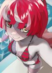  1girl absurdres artselmetti bikini black_bikini breasts closed_mouth colored_skin commentary grey_skin highres hololive hololive_indonesia kureiji_ollie medium_breasts mismatched_pupils multicolored_skin patchwork_skin red_bikini red_eyes red_hair side-tie_bikini_bottom smile solo stitched_arm stitched_face stitched_torso stitches striped_bikini striped_clothes swimsuit virtual_youtuber zombie 