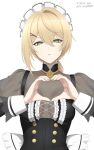  1girl artist_name black_dress blonde_hair breasts breasts_apart buttons double-breasted dress girls'_frontline girls'_frontline_2:_exilium green_eyes hair_ornament hairclip heart heart_hands highres long_sleeves looking_at_viewer low_ponytail maid maid_headdress medium_breasts medium_hair ponytail puffy_sleeves sextans_(girls'_frontline_2) simple_background solo sumi_ojie upper_body white_background 