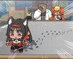  1boy 2girls absurdres animal_ear_fluff animal_ear_hairband animal_ears bangboo_(zenless_zone_zero) barcode barcode_tattoo bear_boy bear_ear_hairband bear_ears ben_bigger black_hair black_tank_top blurry blurry_background brown_fur cable cable_tail cat_ears cat_girl cat_tail chain chain_necklace coat commentary_request construction_site corset detached_sleeves emphasis_lines eyepatch facepalm facial_mark fake_animal_ears flame_print footprints forehead_mark forehead_tattoo furry furry_male hair_ornament hairband hard_hat helmet highres jewelry koleda_belobog korean_commentary long_hair mechanical_tail multiple_girls multiple_tails necklace nekomiya_mana ooyun open_mouth outdoors red_corset red_eyes red_hair red_hairband red_sleeves safety_(zenless_zone_zero) scar scar_on_face sphere_hair_ornament tail tank_top tattoo triangle triangle_facial_mark two_tails white_coat zenless_zone_zero 