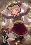  2girls absurdres black_dress black_hair black_shoes blush broken collared_shirt commentary_request commission crown destruction double-parted_bangs dress giant giantess grey_hair grey_jacket highres holding holding_tray indoors jacket loafers long_hair maid maid_headdress multiple_girls neck_ribbon nose_blush original pantyhose petticoat red_eyes red_ribbon red_skirt ribbon shirt shoes short_hair signature skeb_commission skirt sweat teapot tray twintails variant_set welt_(kinsei_koutenkyoku) white_pantyhose white_shirt wing_collar 