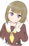  1girl alternate_hair_length_(shorter) blunt_bangs blush bob_cut brown_dress brown_hair closed_mouth commentary_request dress hasu_no_sora_school_uniform highres inverted_bob kachimachi_kosuzu link!_like!_love_live! long_sleeves looking_at_viewer love_live! neckerchief official_alternate_hairstyle pink_eyes sailor_collar sailor_dress school_uniform short_hair side_ahoge simple_background smile solo split_mouth tazaki_masanobu upper_body virtual_youtuber white_background white_sailor_collar winter_uniform yellow_neckerchief 