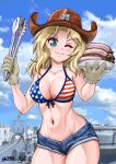  1girl american_flag american_flag_bikini american_flag_print bikini blonde_hair blue_eyes blue_shorts blush breasts closed_mouth collarbone commentary_request cowboy_hat flag_print flag_print_bikini girls_und_panzer gloves hat highres holding holding_tongs kay_(girls_und_panzer) long_hair looking_at_viewer navel nspa_(spa-jcs) one_eye_closed outdoors print_bikini short_shorts shorts sky smile solo swimsuit tongs white_gloves 