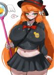  1girl anger_vein baby_animal bird black_skirt bow bowtie breasts chick commentary doubleuww1 green_eyes hat highres holding holding_wand ishmael_(project_moon) kindergarten_uniform large_breasts limbus_company limbus_kindergarten_uniform long_hair navel official_alternate_costume orange_hair pleated_skirt project_moon red_bow school_hat skirt solo spoken_anger_vein thighs traditional_bowtie wand white_background white_bow 