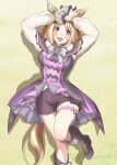  1girl absurdres animal_ears arms_up bare_shoulders blonde_hair blush boots bow bowtie breasts commentary_request dress ear_covers gloves grey_bow grey_bowtie highres horse_ears horse_girl horse_racing_track horse_tail long_sleeves looking_at_viewer masasim medium_breasts narita_top_road_(the_proud_road)_(umamusume) narita_top_road_(umamusume) open_mouth purple_boots purple_dress purple_eyes purple_shorts short_hair shorts single_ear_cover smile solo tail thigh_strap umamusume 