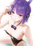  1girl absurdres bare_arms bare_shoulders black_bow black_bowtie black_leotard bow bowtie breasts cleavage commentary fake_tail fang hair_ornament headphones highres hololive hololive_english leotard mole mole_under_eye ninomae_ina'nis open_mouth padoruu playboy_bunny purple_eyes purple_hair rabbit_tail short_hair sideless_leotard small_breasts solo strapless strapless_leotard symbol-shaped_pupils tail virtual_youtuber x-shaped_pupils 