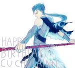  adapted_costume bad_id bad_pixiv_id bare_shoulders belt birthday blue_hair cape fate/stay_night fate_(series) gae_bolg highres hocus4411 lancer long_hair male_focus polearm ponytail red_eyes solo spear weapon 