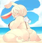  big_breasts big_butt bikini blonde_hair breasts butt chubby clothed clothing disembodied_hand female hair lagomorph mammal mcdonnell-douglas nipples overweight plump_labia pussy pussy_juice rabbit red_eyes seaside skimpy sky sling_bikini swimsuit water 