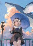  1girl against_railing animal arm_at_side arm_support beret black_hat black_serafuku black_shirt black_skirt blue_bow blue_bowtie blue_sky blue_umbrella bow bowtie canamelcanary cloud cloudy_sky colored_inner_hair commentary_request day fish flying_fish flying_whale grand_scale grey_hair hair_ornament hand_up hat highres holding holding_umbrella long_sleeves multicolored_hair orange_eyes outdoors oversized_animal pom_pom_(clothes) pom_pom_hair_ornament power_lines railing sailor_collar school_of_fish school_uniform serafuku shirt short_hair skirt sky solo standing striped_clothes striped_shirt striped_skirt transformer ui_(voisona) umbrella umbrella_over_shoulder utility_pole vertical-striped_clothes vertical-striped_shirt vertical-striped_skirt voisona whale white_sailor_collar 