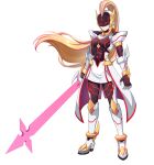  1girl absurdres alternate_costume armor assault_visor blonde_hair body_armor bodystocking bodysuit boots breasts clawed_gauntlets coattails commission commissioner_upload covered_abs elbow_gloves energy_sword full_body gauntlets genderswap genderswap_(mtf) gloves helmet high_heels highres holding holding_sword holding_weapon knee_armor knee_boots long_hair looking_at_viewer medium_breasts mega_man_(series) mega_man_zero_(series) mega_man_zero_3 multicolored_hair non-web_source omega_(mega_man) pink_hair shoulder_armor skirt solo streaked_hair sword tailcoat thighs transparent_background uta_guipiy weapon 