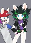  1:1 2023 amethyst_(gem) anthro belt black_clothing black_facial_hair black_hair black_handwear black_mittens black_mustache blue_clothing blue_eyes blue_overalls bottomless bottomless_anthro bottomless_female closed_frown clothed clothed_anthro clothed_female clothed_male clothing colored crossover digital_drawing_(artwork) digital_media_(artwork) duo ear_piercing edge_(mario_plus_rabbids) eyebrows eyelashes facial_hair featureless_crotch female female_anthro frown gem green_belt green_eyebrows green_hair grey_background hair hand_on_hip hand_on_own_hip handwear hat headgear headwear hi_res jacket lagomorph larger_anthro larger_female light lighting long_ears male male_anthro mammal mario_bros mario_plus_rabbids_kingdom_battle mario_plus_rabbids_sparks_of_hope melee_weapon mitten_hands mittens mouth_closed multicolored_hair mustache nintendo noseless open_belt open_clothing open_jacket open_topwear overalls piercing purple_clothing purple_ear_piercing purple_eyelids purple_shirt purple_topwear rabbid rabbid_mario raving_rabbids rayman_(series) red_clothing red_hat red_headwear renballball shaded shirt shirtless_anthro shirtless_male short_hair simple_background size_difference smaller_anthro smaller_male spiky_hair standing sword tan_inner_ear thick_eyebrows toothpick toothpick_in_mouth topwear two_tone_hair ubisoft weapon worried_look 