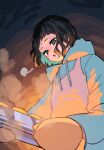 1girl :o apron aqua_hair baking baking_sheet black_hair blunt_bangs blush bob_cut breath brown_background colored_inner_hair commentary cookie cooking dark drawstring eyelashes food from_below glowing gradient_background green_eyes green_hoodie grey_background highres hood hood_down hoodie kyoutu long_sleeves looking_at_food looking_down messy_hair multicolored_hair nira-chan nose_blush open_mouth oven_mitts puff_of_air short_hair solo steam steaming_food sweat underlighting upper_body wavy_hair white_apron zutto_mayonaka_de_ii_no_ni 