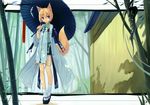  1girl absurdres animal_ears bamboo bamboo_forest blonde_hair blue_eyes clog_sandals fixed forest fox_ears fox_tail highres japanese_clothes karakasa_obake kitsune_(poko) nature oriental_umbrella original poco_(asahi_age) poko scan shiratama_kitsune short_hair solo standing tabi tail tongue tree_shade umbrella white_legwear 