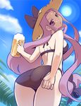  adjusting_clothes adjusting_swimsuit alcohol ass azumakuro beer beer_mug bikini bow cloud cup day fate/stay_night fate_(series) from_behind hat hat_bow holding holding_cup long_hair looking_back low-tied_long_hair purple_eyes purple_hair rider sky solo sun sun_hat swimsuit very_long_hair 