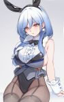  1girl animal_ear_hairband animal_ears black_bow black_bowtie black_leotard black_pantyhose black_thighhighs blue_hair bow bowtie braid braided_ponytail breasts buttons center_frills commentary double-breasted earrings fake_animal_ears frilled_shirt frills garter_straps grey_background grey_vest hair_bow hair_over_shoulder hairband highleg highleg_leotard highres hololive jewelry koahri large_breasts leotard long_hair official_alternate_costume official_alternate_hairstyle pantyhose parted_lips pekomama pekomama_(bunny_costume) playboy_bunny pom_pom_(clothes) pom_pom_earrings rabbit_ear_hairband rabbit_ears red_eyes shirt short_eyebrows sideless_outfit simple_background sitting sleeveless sleeveless_shirt solo thick_eyebrows thighhighs thighhighs_over_pantyhose vest virtual_youtuber white_bow white_hair white_shirt wrist_cuffs 
