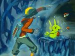  1boy :o backwards_hat bag baseball_cap black_hair black_pants cave_interior ethan_(pokemon) hat highres jacket larvitar long_sleeves looking_at_another male_focus open_mouth pants poke_ball pokemon pokemon_(creature) pokemon_heartgold_and_soulsilver red_jacket short_hair standing sweatdrop throwing throwing_poke_ball upper_body white_bag zs_(zero_sickkkzs) 