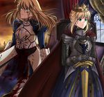  armor blonde_hair blood braid braids cape cloud clouds crown crying dress empty_eyes fate/stay_night fate_(series) gauntlets green_eyes hair_down highres ladymarta looking_up multiple_persona saber sheath sky sword tears tusia type-moon weapon window 